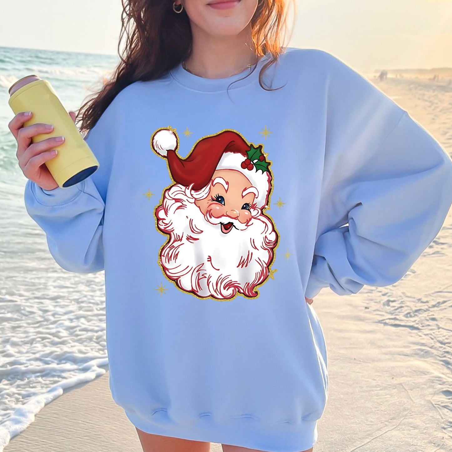 Santa Claus Glitter Christmas DTF Transfer Ready to Press Trendy Faux Glitter Heat Transfer For Shirts X-mas Iron on Transfer