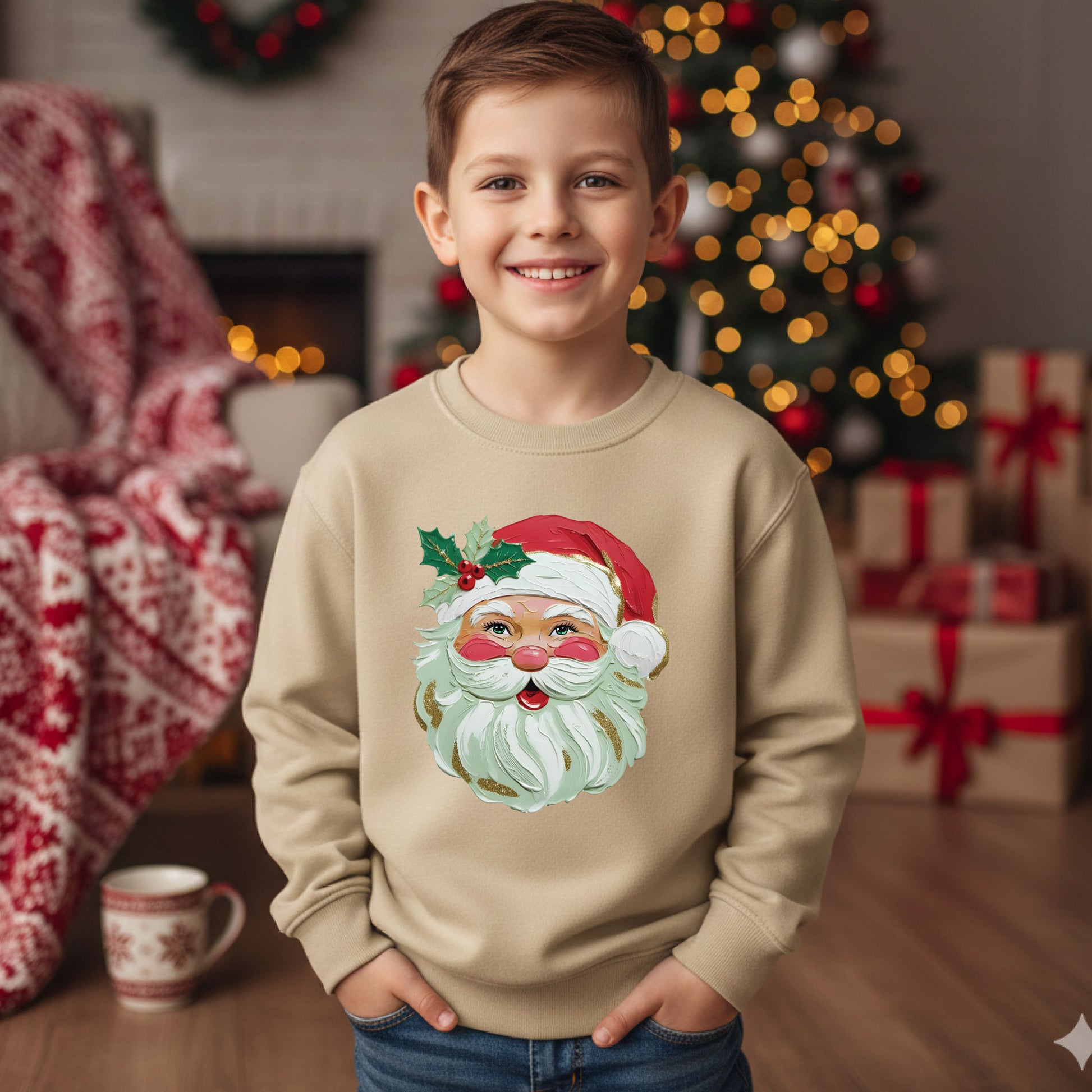 Kids Brushstroke Santa Christmas Sweatshirt Cute Holiday Shirt Toddler Santa Sweater Festive Kids Xmas Top Winter Pullover
