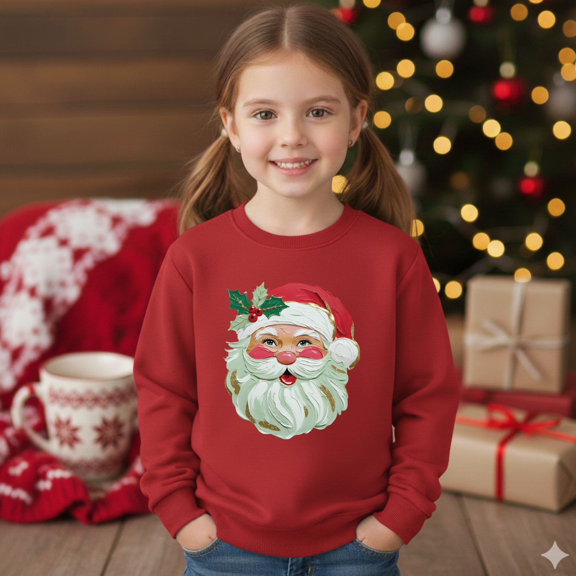 Kids Brushstroke Santa Christmas Sweatshirt Cute Holiday Shirt Toddler Santa Sweater Festive Kids Xmas Top Winter Pullover