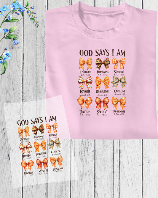 God Says I Am Fall Coquette Bow DTF Transfer Film