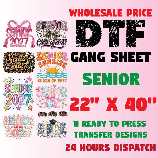 Senior 2027 DTF Gang Sheet Senior Sunrise Premade DTF Transfer Ready to Press Leopard Bow Graduation Heat Transfer For Shirts Trendy