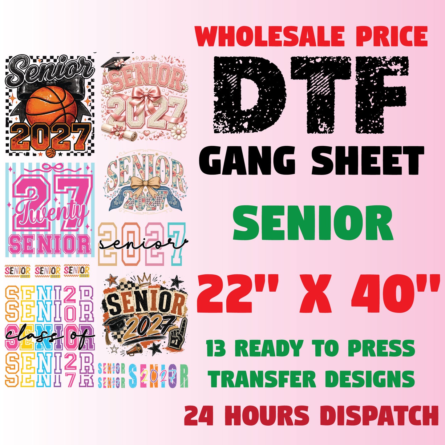 Senior 2027 DTF Gang Sheet Checkered Basketball DTF Transfer Ready to Press Bow Baseball Class of 2027 Senior Mom Heat Transfer Shirt