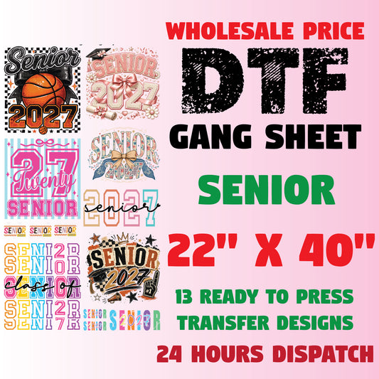 Senior 2027 DTF Gang Sheet Checkered Basketball DTF Transfer Ready to Press Bow Baseball Class of 2027 Senior Mom Heat Transfer Shirt