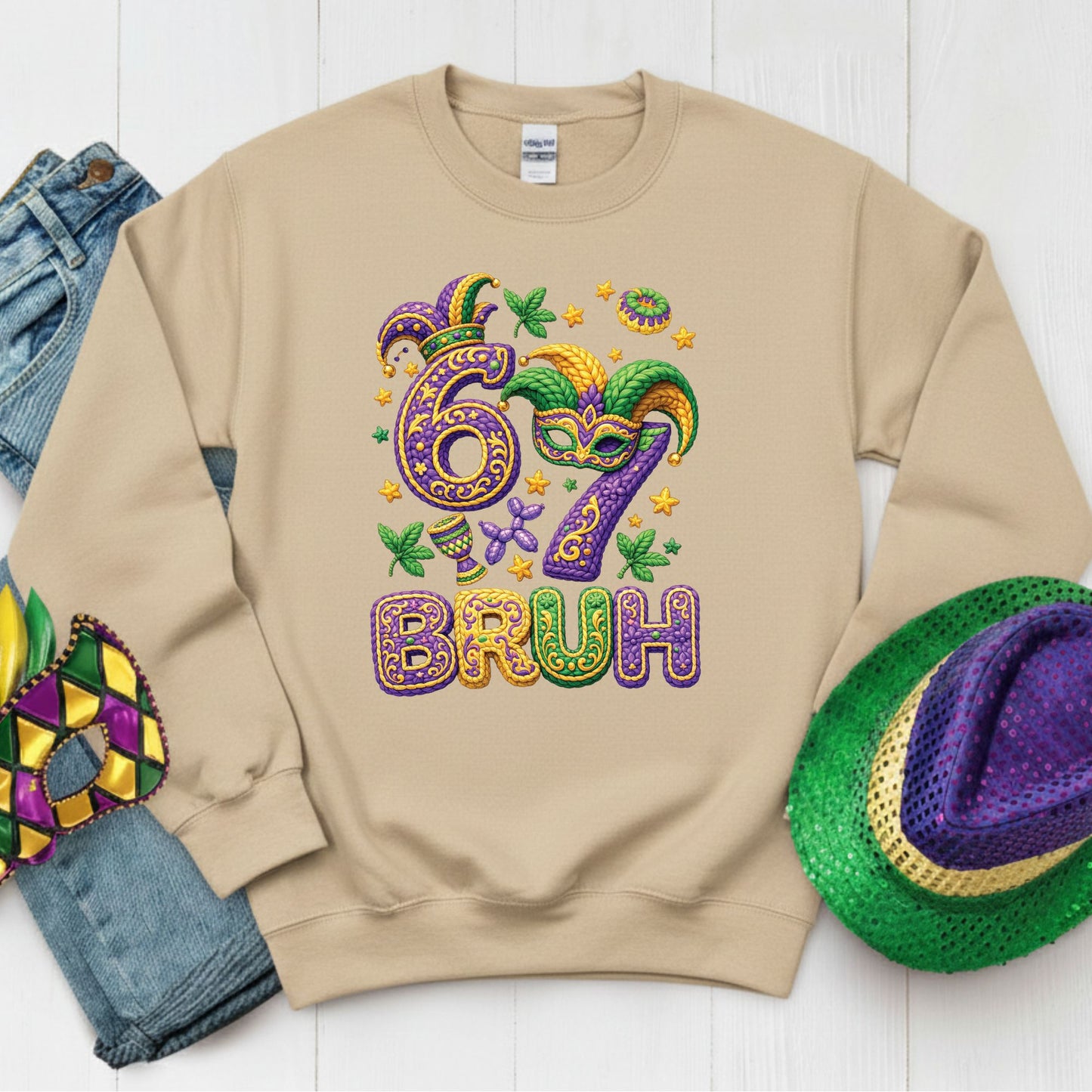 Six Seven Mardi Gras Bruh Sweatshirt Funny New Orleans Parad Carnival Shirt for Family NOLA Festival Tees for Women Men and Kids Gifts