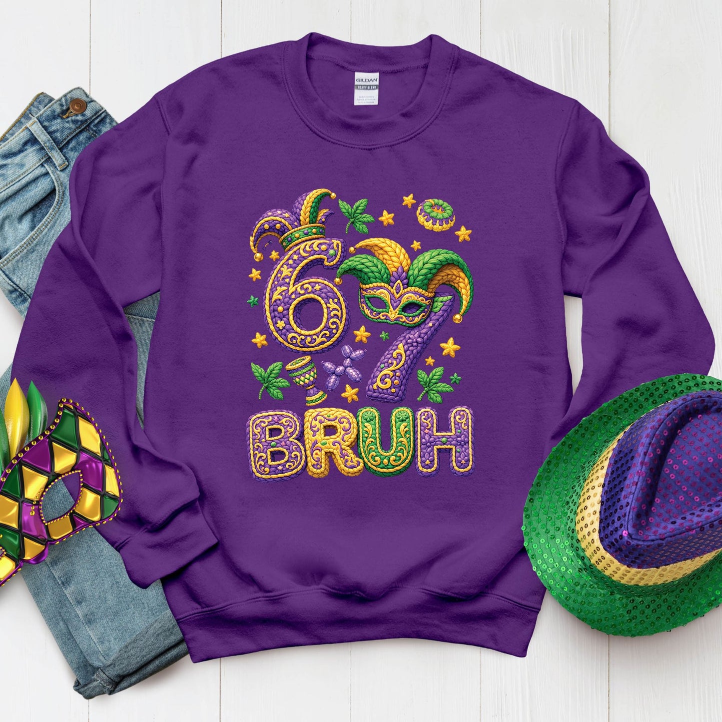 Six Seven Mardi Gras Bruh Sweatshirt Funny New Orleans Parad Carnival Shirt for Family NOLA Festival Tees for Women Men and Kids Gifts