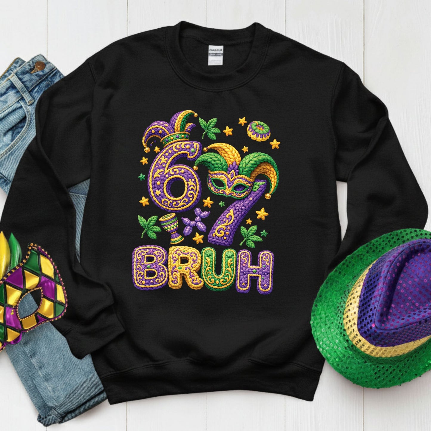 Six Seven Mardi Gras Bruh Sweatshirt Funny New Orleans Parad Carnival Shirt for Family NOLA Festival Tees for Women Men and Kids Gifts