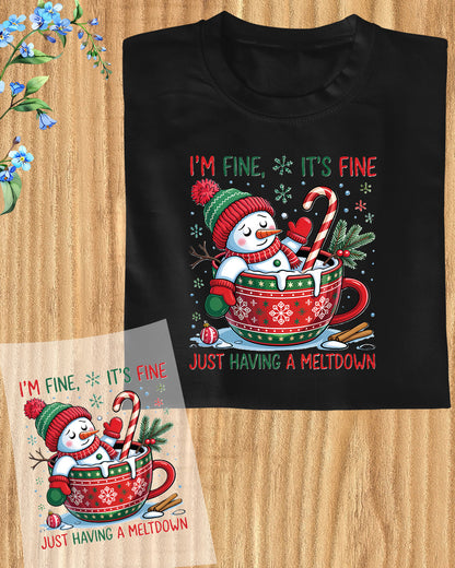 Snowman Christmas DTF Transfer ready to Press, Funny Cute Snowman Christmas Heat Transfer, Meltdown Holidays UV Sticker