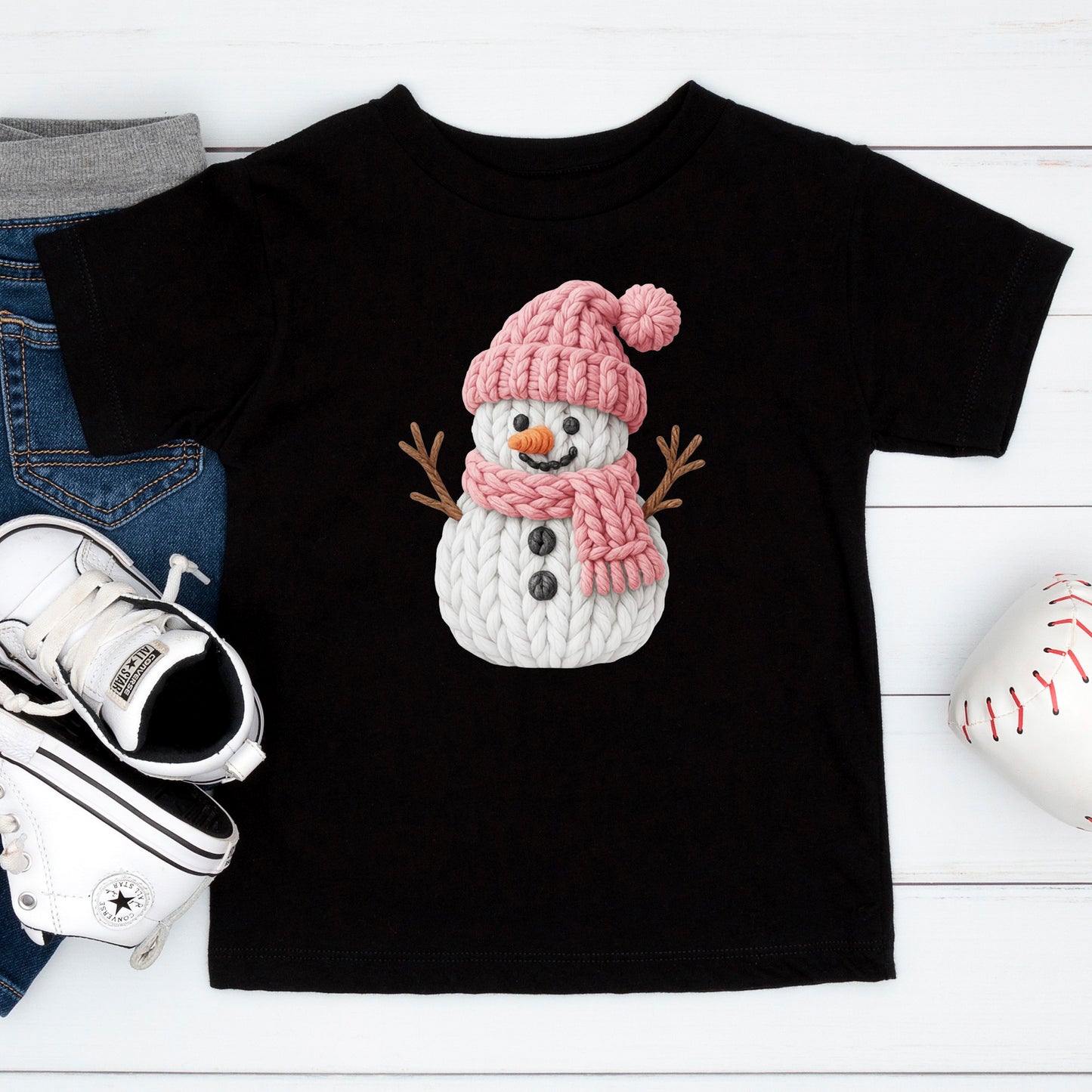 Pink Crochet Snowgirl T Shirts, Snowman Christmas Faux Yarn Sweatshirt, X-mas Youth Girl Gift Tees