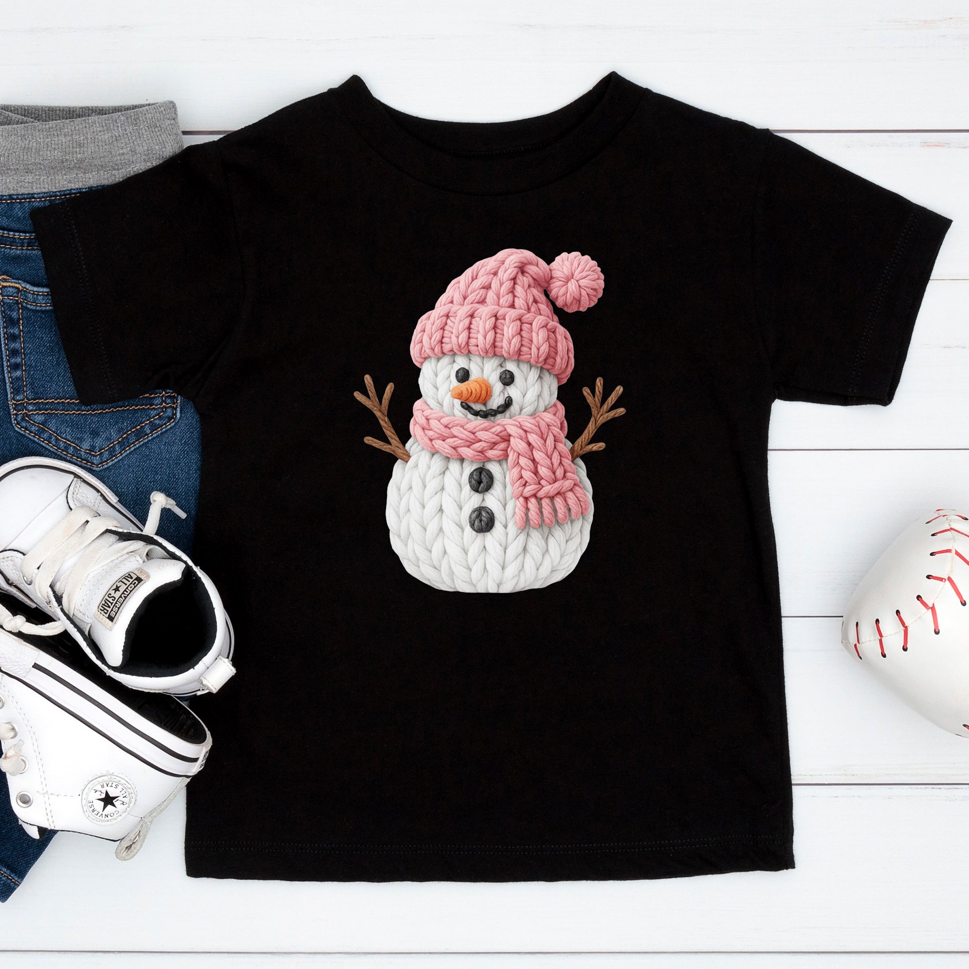 Pink Crochet Snowgirl T Shirts, Snowman Christmas Faux Yarn Sweatshirt, X-mas Youth Girl Gift Tees