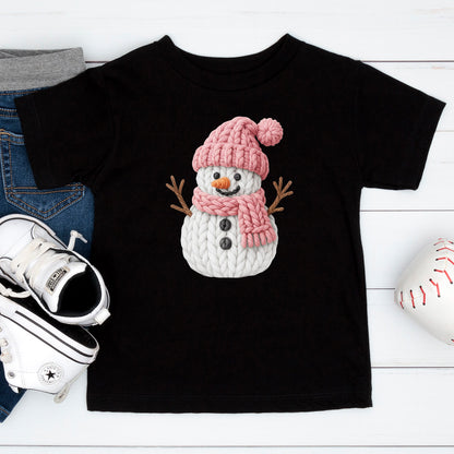 Pink Crochet Snowgirl T Shirts, Snowman Christmas Faux Yarn Sweatshirt, X-mas Youth Girl Gift Tees