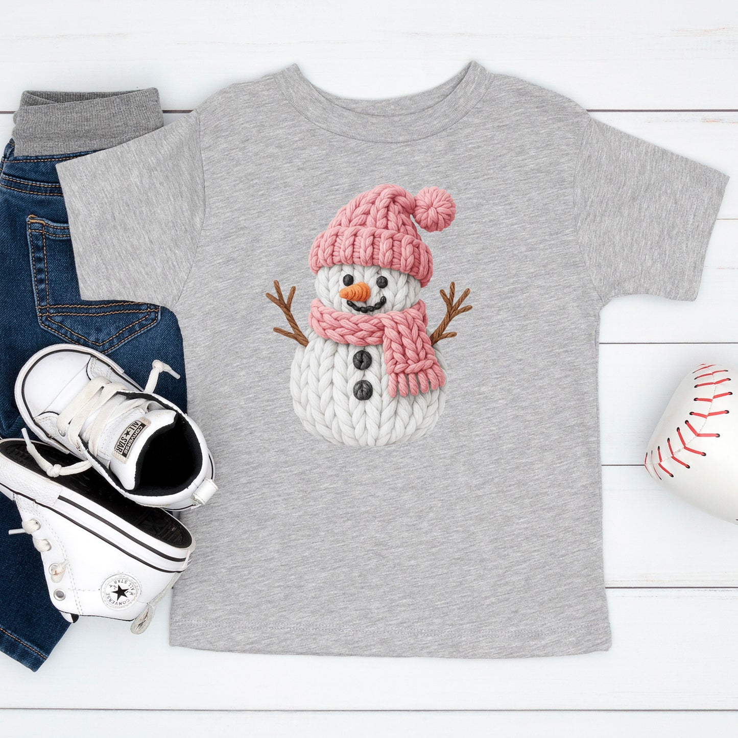 Pink Crochet Snowgirl T Shirts, Snowman Christmas Faux Yarn Sweatshirt, X-mas Youth Girl Gift Tees