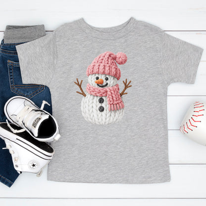 Pink Crochet Snowgirl T Shirts, Snowman Christmas Faux Yarn Sweatshirt, X-mas Youth Girl Gift Tees
