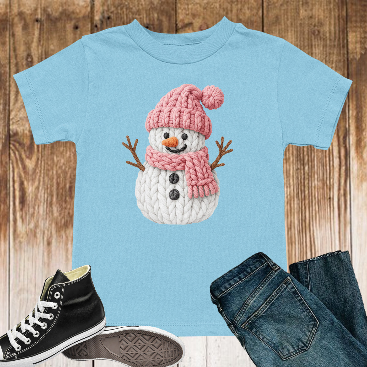 Pink Crochet Snowgirl T Shirts, Snowman Christmas Faux Yarn Sweatshirt, X-mas Youth Girl Gift Tees