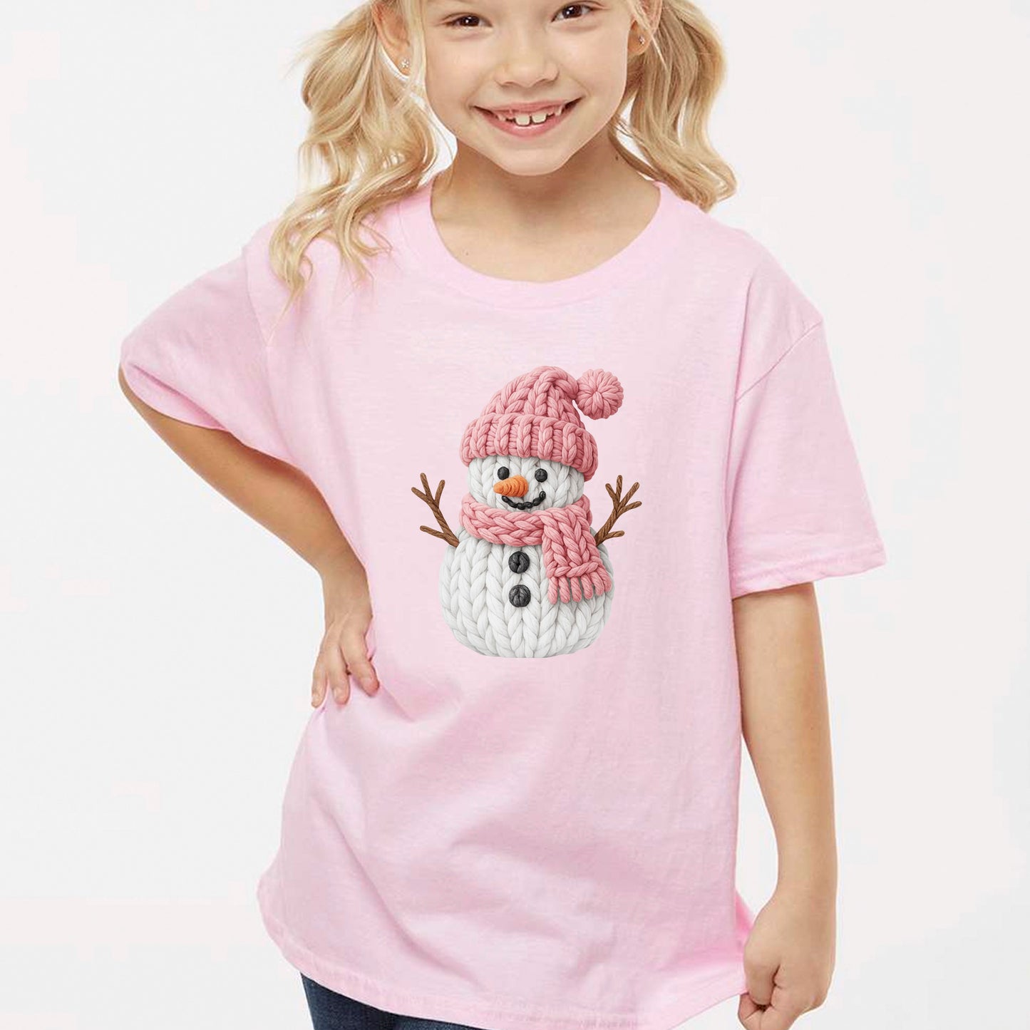 Pink Crochet Snowgirl T Shirts, Snowman Christmas Faux Yarn Sweatshirt, X-mas Youth Girl Gift Tees