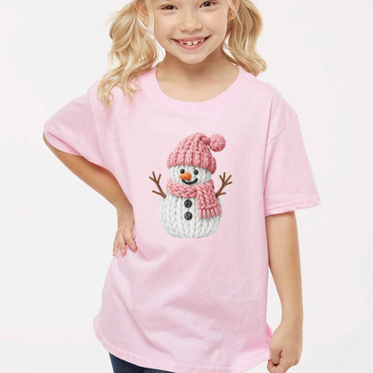 Pink Crochet Snowgirl T Shirts, Snowman Christmas Faux Yarn Sweatshirt, X-mas Youth Girl Gift Tees