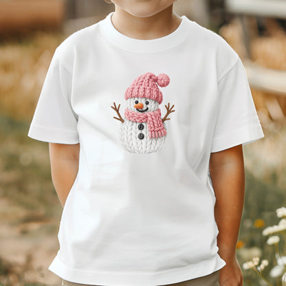 Pink Crochet Snowgirl T Shirts, Snowman Christmas Faux Yarn Sweatshirt, X-mas Youth Girl Gift Tees