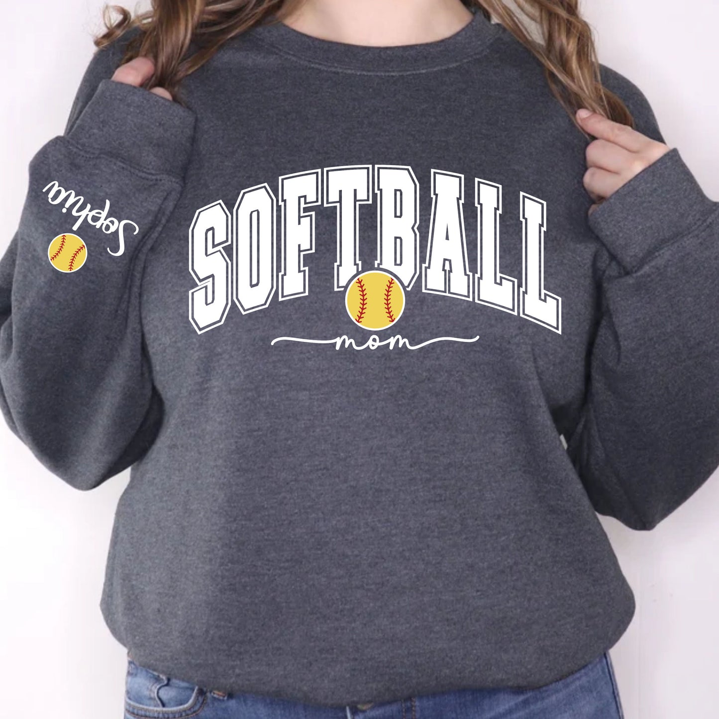 Softball Mom Sweatshirt With Kids Name On Sleeve, Custom Softball Mama Shirt With Sleeve Print, Softball Season Mama Shirt, Mother's Day Gift