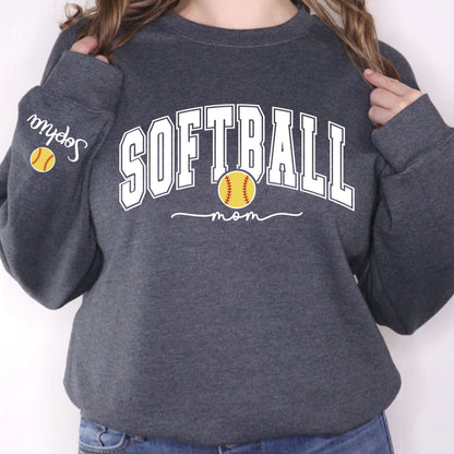 Softball Mom Sweatshirt With Kids Name On Sleeve, Custom Softball Mama Shirt With Sleeve Print, Softball Season Mama Shirt, Mother's Day Gift