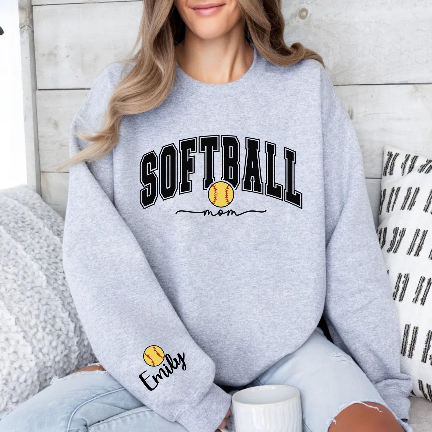Softball Mom Sweatshirt With Kids Name On Sleeve, Custom Softball Mama Shirt With Sleeve Print, Softball Season Mama Shirt, Mother's Day Gift