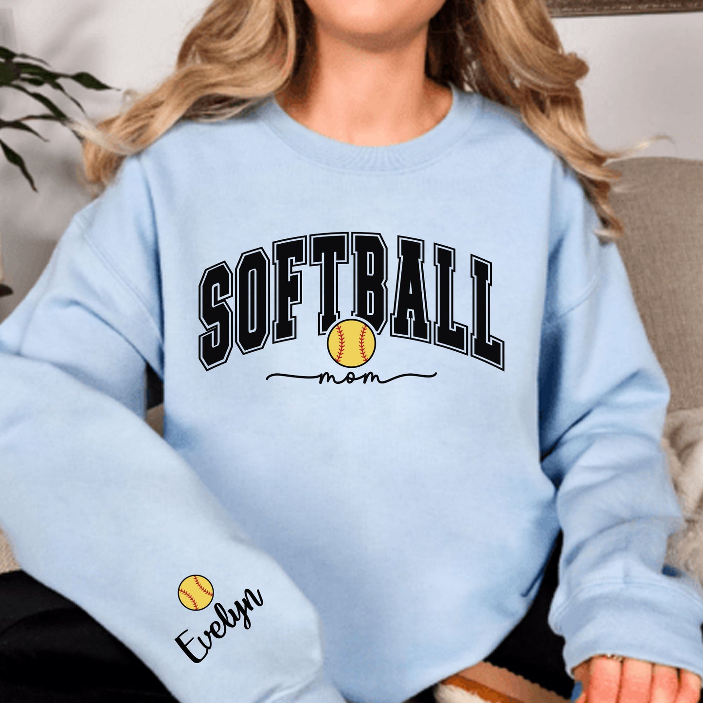 Softball Mom Sweatshirt With Kids Name On Sleeve, Custom Softball Mama Shirt With Sleeve Print, Softball Season Mama Shirt, Mother's Day Gift
