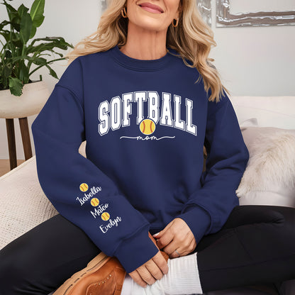 Softball Mom Sweatshirt With Kids Name On Sleeve, Custom Softball Mama Shirt With Sleeve Print, Softball Season Mama Shirt, Mother's Day Gift