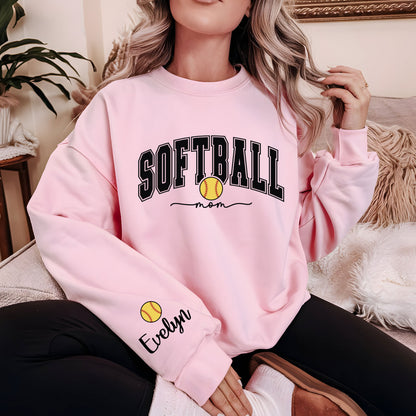 Softball Mom Sweatshirt With Kids Name On Sleeve, Custom Softball Mama Shirt With Sleeve Print, Softball Season Mama Shirt, Mother's Day Gift