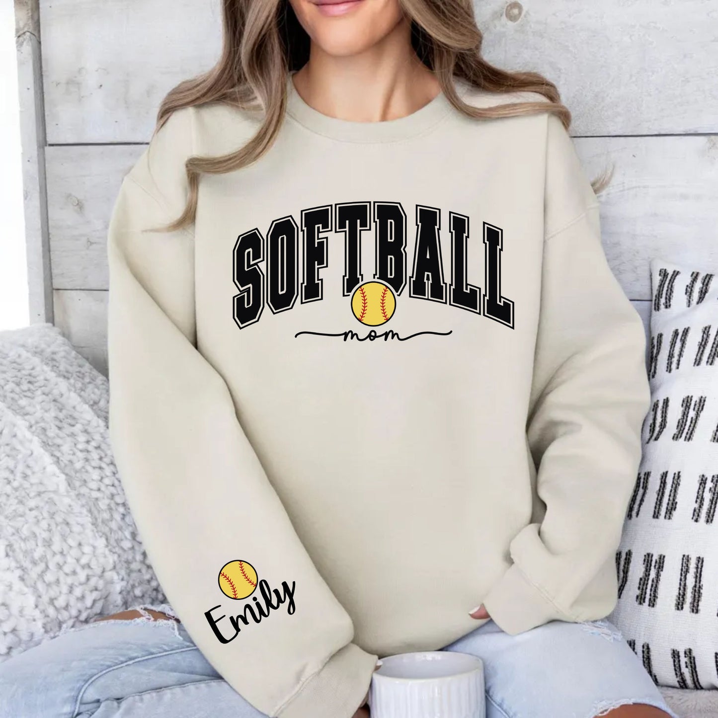 Softball Mom Sweatshirt With Kids Name On Sleeve, Custom Softball Mama Shirt With Sleeve Print, Softball Season Mama Shirt, Mother's Day Gift