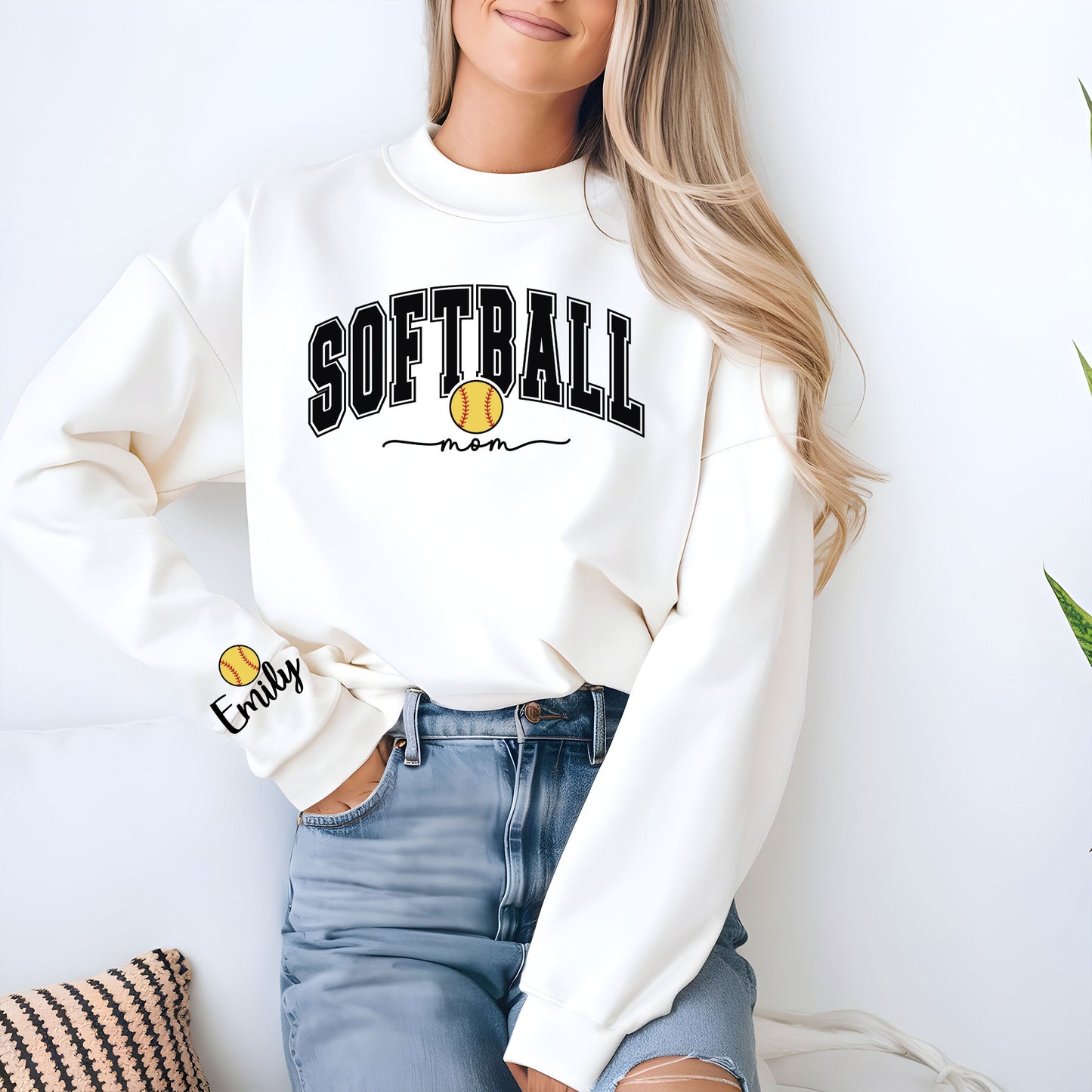 Softball Mom Sweatshirt With Kids Name On Sleeve, Custom Softball Mama Shirt With Sleeve Print, Softball Season Mama Shirt, Mother's Day Gift