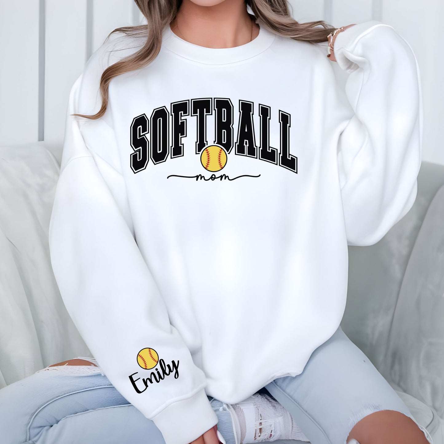 Softball Mom Sweatshirt With Kids Name On Sleeve, Custom Softball Mama Shirt With Sleeve Print, Softball Season Mama Shirt, Mother's Day Gift