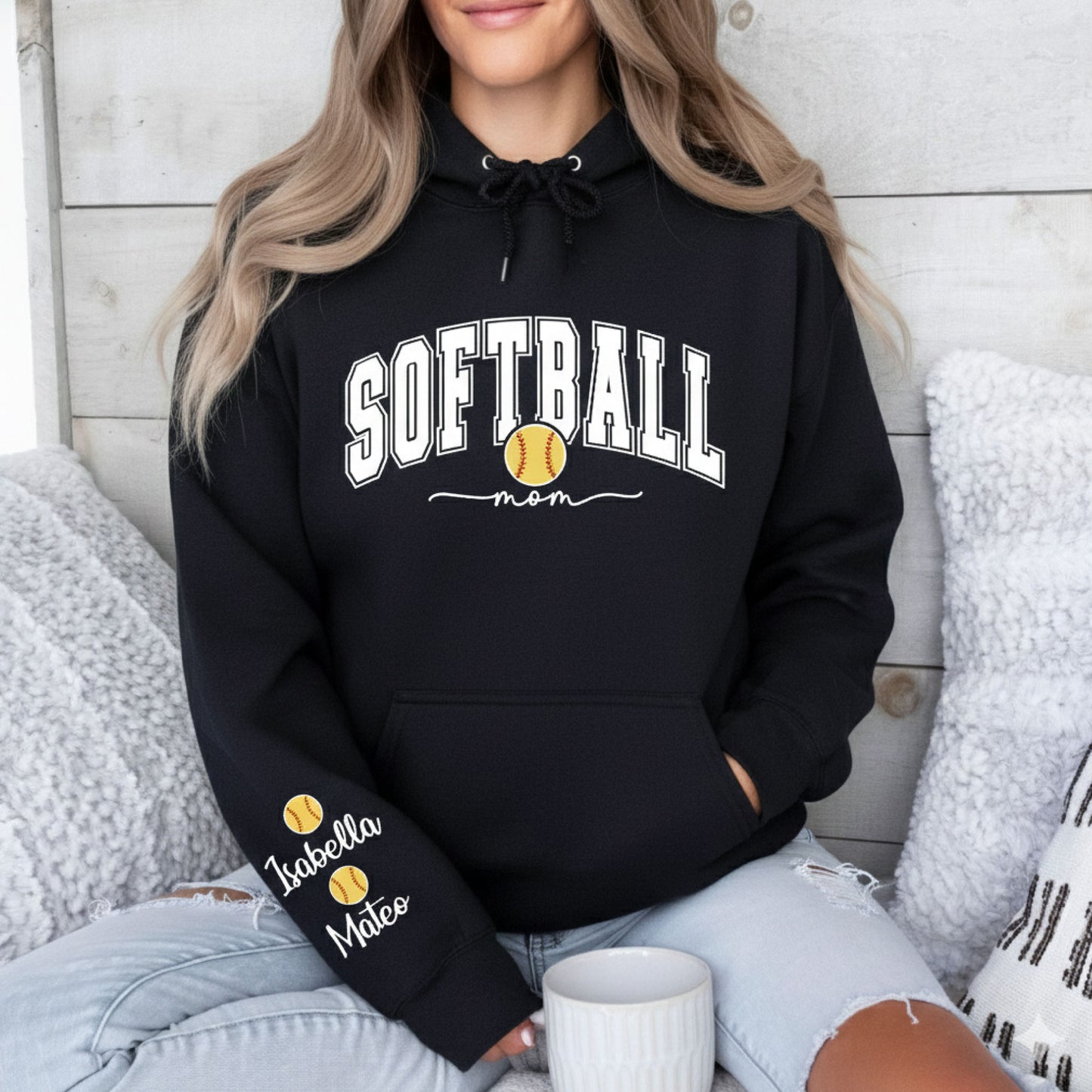 Softball Mom Sweatshirt With Kids Name On Sleeve, Custom Softball Mama Shirt With Sleeve Print, Softball Season Mama Shirt, Mother's Day Gift