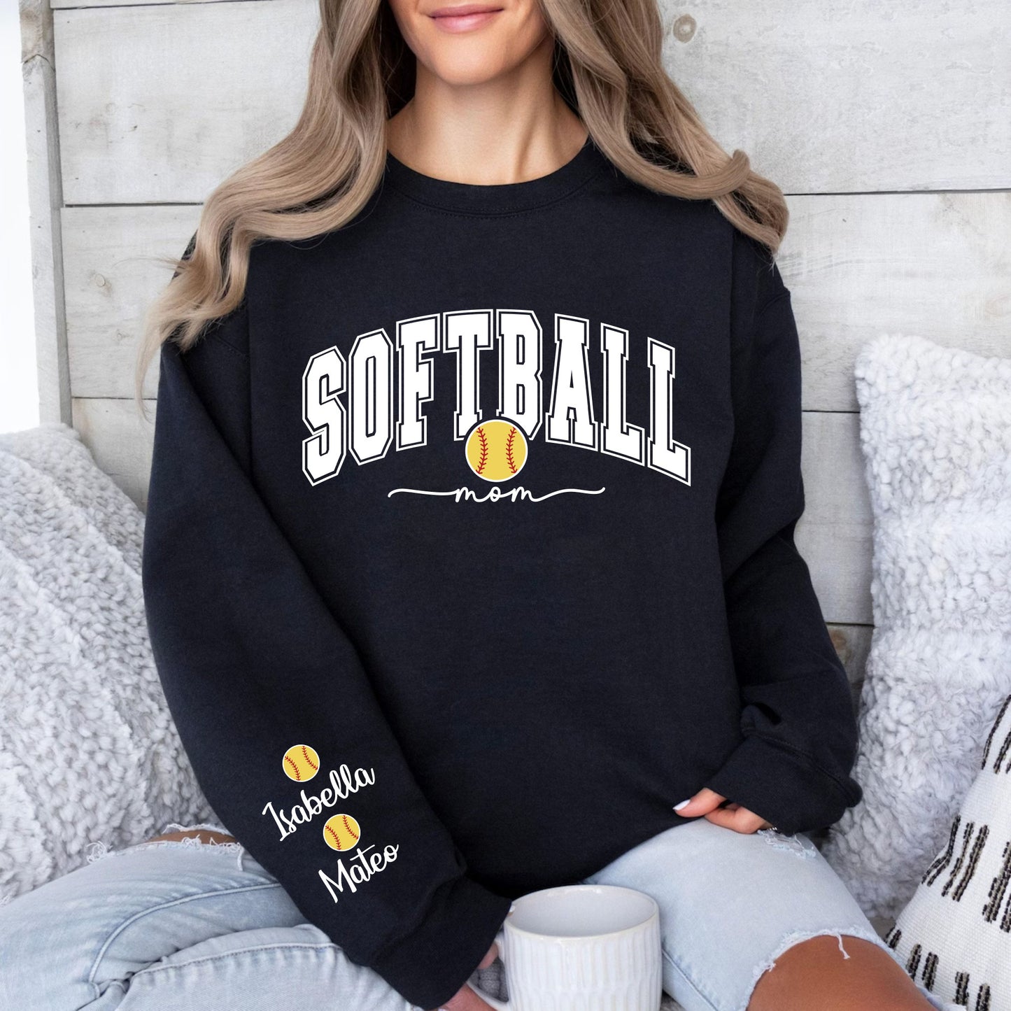 Softball Mom Sweatshirt With Kids Name On Sleeve, Custom Softball Mama Shirt With Sleeve Print, Softball Season Mama Shirt, Mother's Day Gift