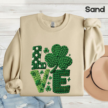 St Patrick’s Day Love Shirts Yarn Faux Shamrock Sweatshirt Saint Patrick Party Tees Irish Green Sweater For Men Women Kids