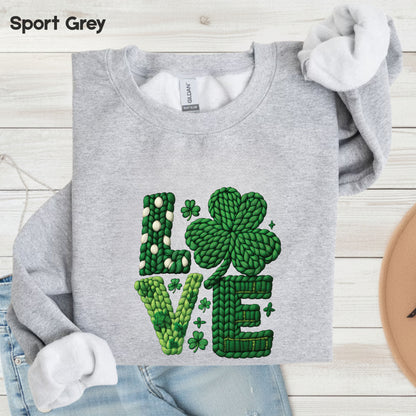 St Patrick’s Day Love Shirts Yarn Faux Shamrock Sweatshirt Saint Patrick Party Tees Irish Green Sweater For Men Women Kids