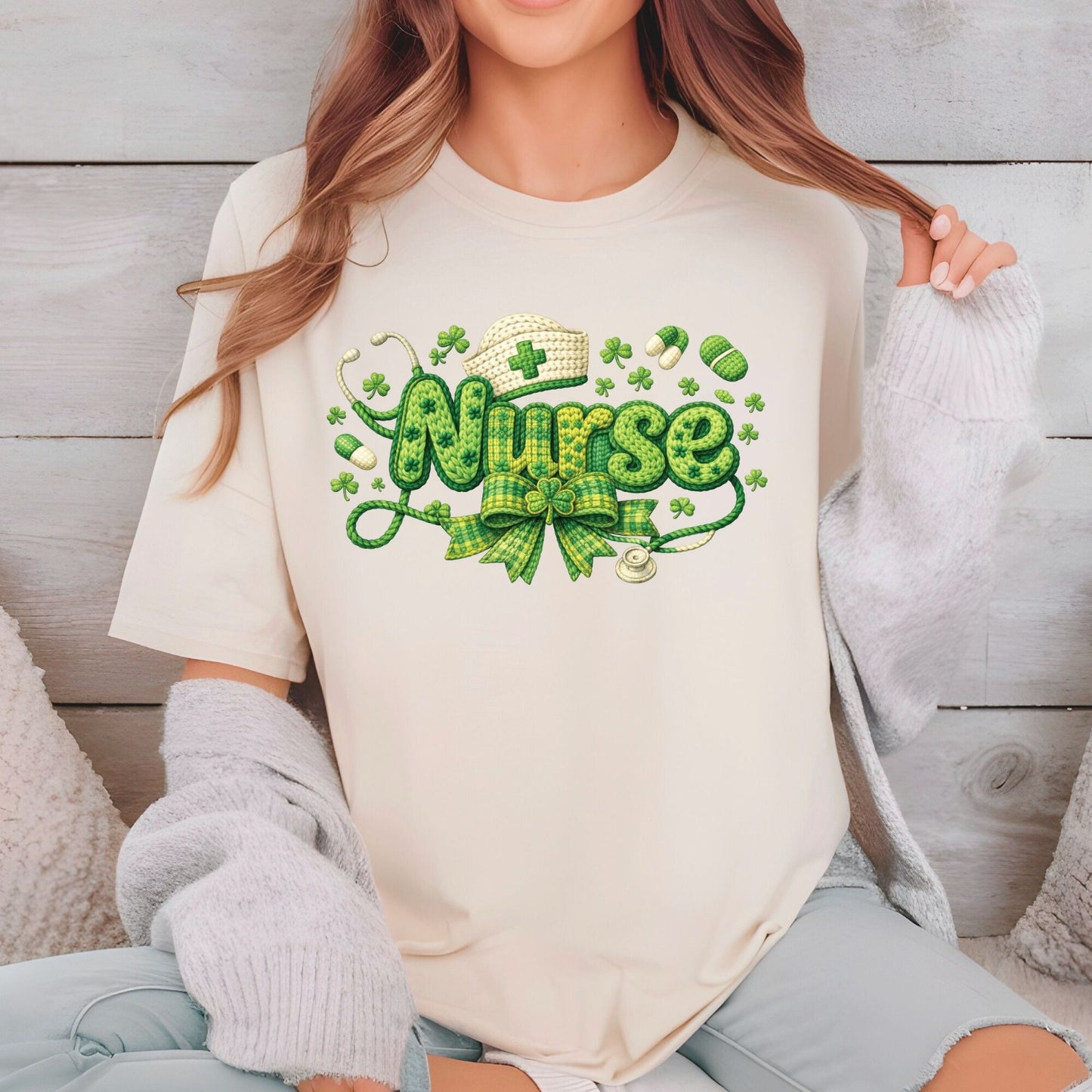 St Patrick’s Day Nurse DTF Transfer ready to Press Crochet Yarn Shamrock Heat Transfer for Shirts Irish UV Sticker Prints Iron on Transfer