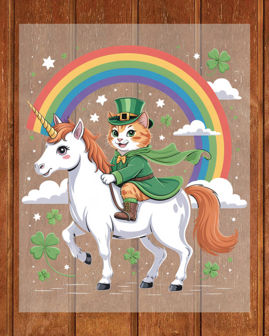 St. Patricks Day Cat Riding Unicorn DTF Transfer