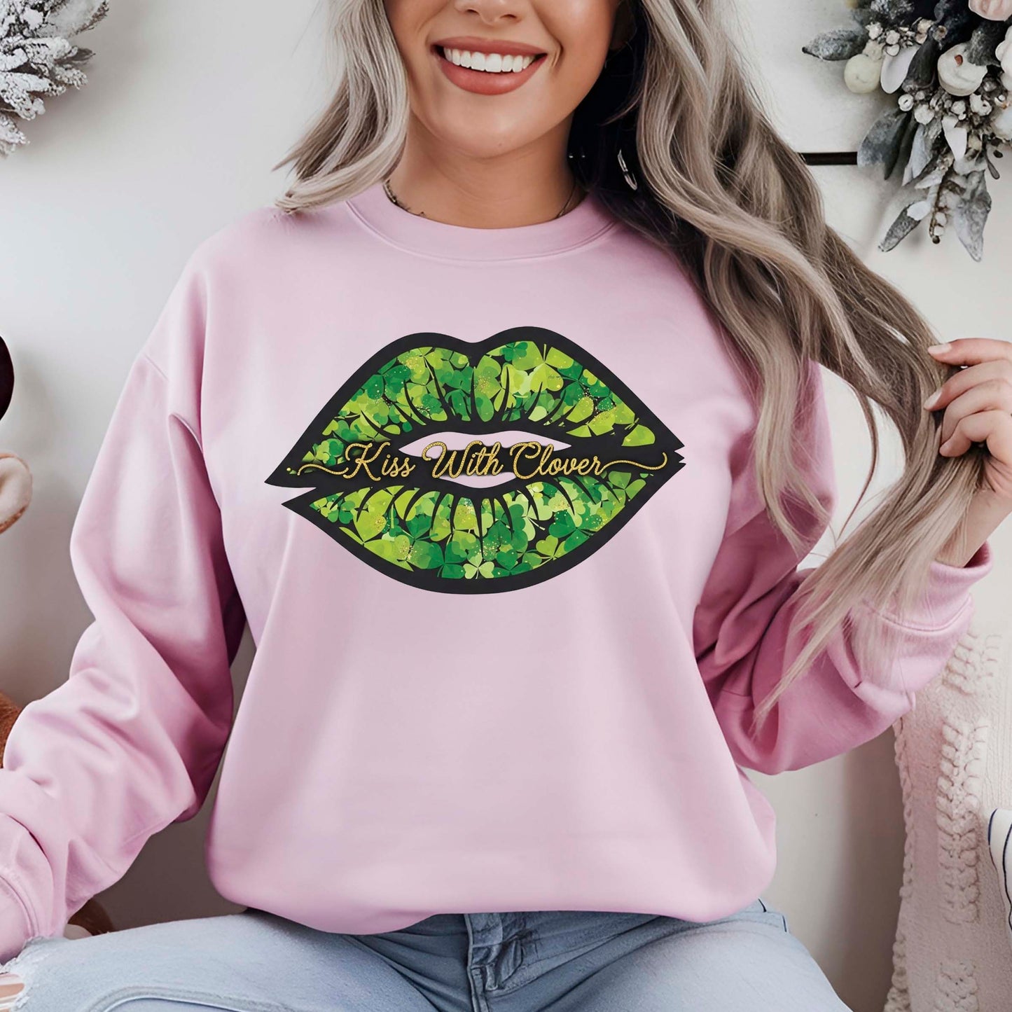 St Patricks Day Sweatshirt Kiss With Clover Viral Trend Shirts