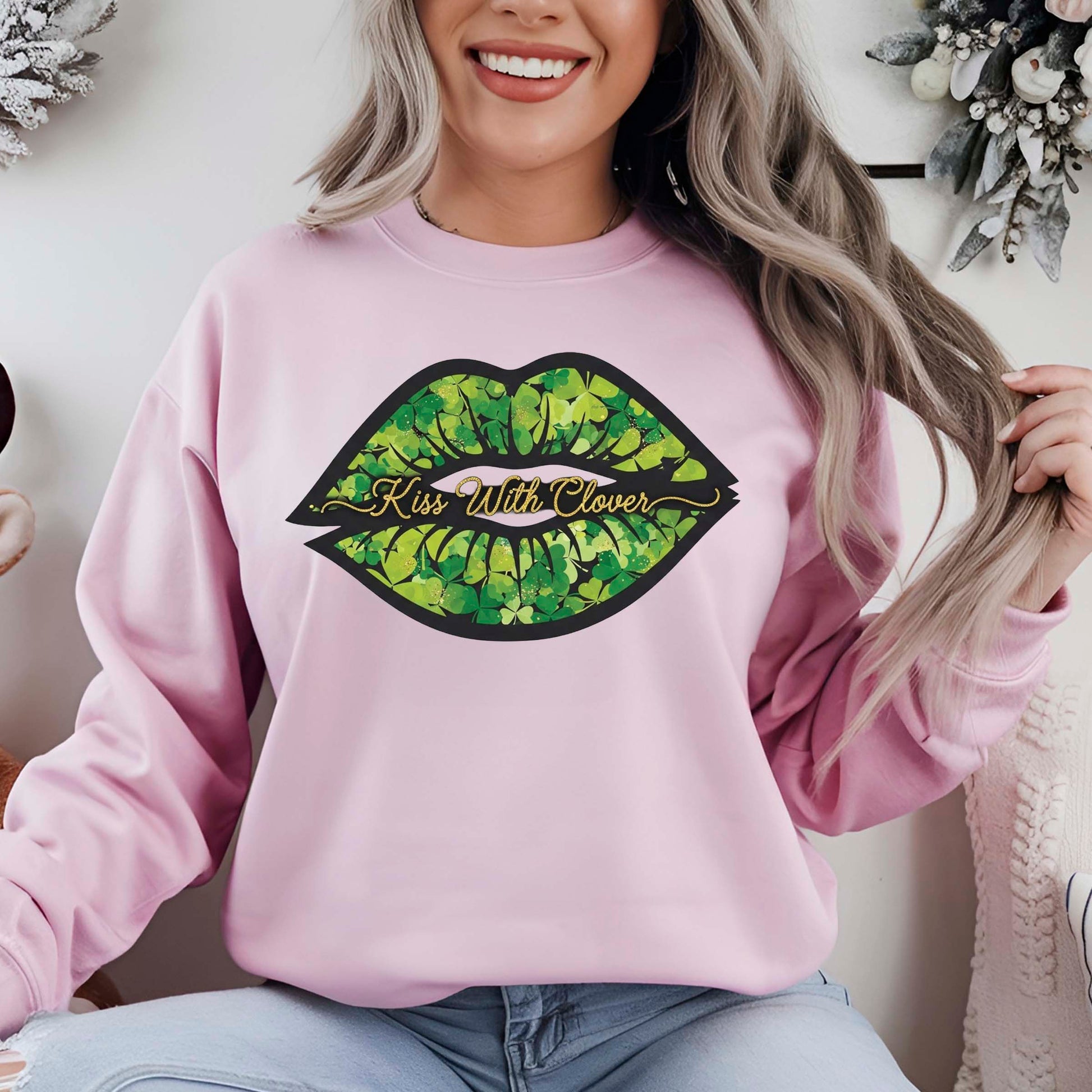 St Patricks Day Sweatshirt Kiss With Clover Viral Trend Shirts