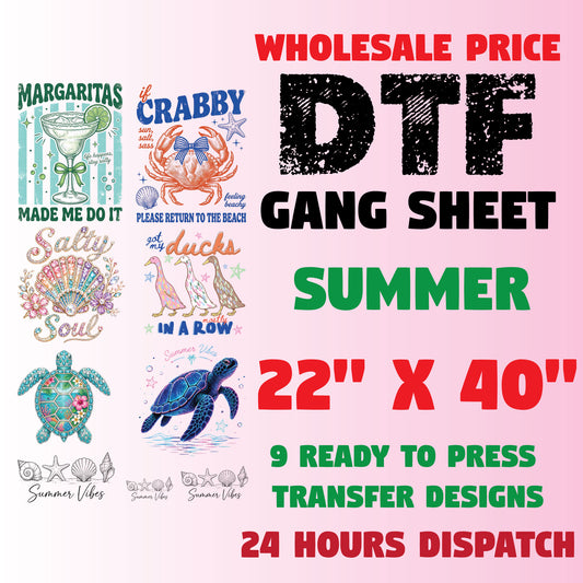 Summer Premade Gang Sheet Beach Theme DTF Transfer ready to Press Salty Soul Crabby Heat Transfer for Shirts
