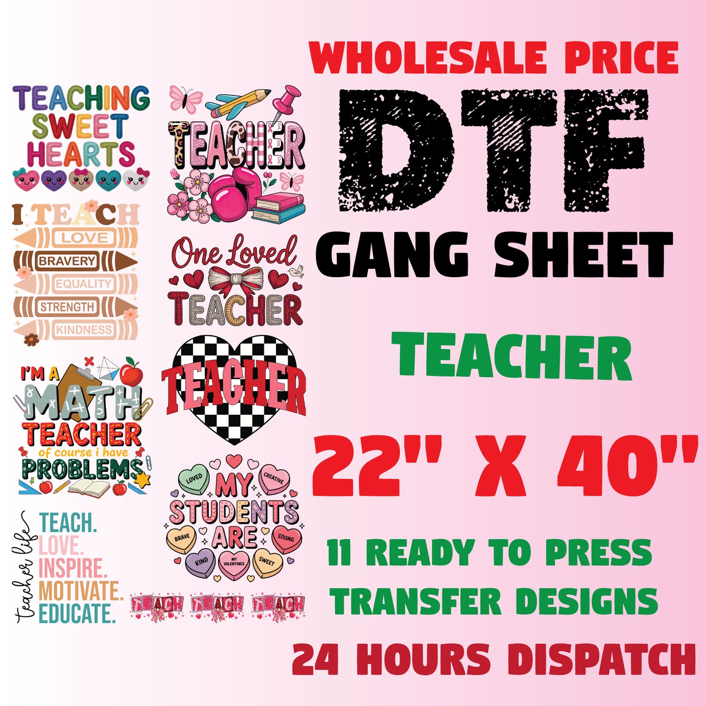 Teacher Premade Gang Sheet Teacher DTF Transfer Ready to Press Designs Teach Heat Transfer For Shirts Teacher Life Gifts