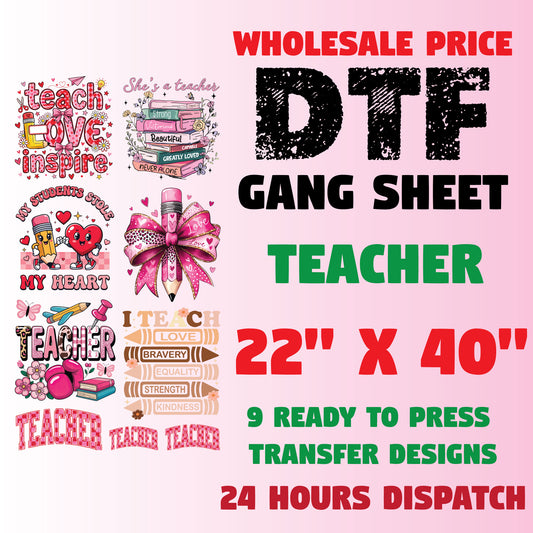 Teacher Premade Gang Sheet School Teacher DTF Transfer ready to Press Teach Love Inspire Heat Transfer for Shirts