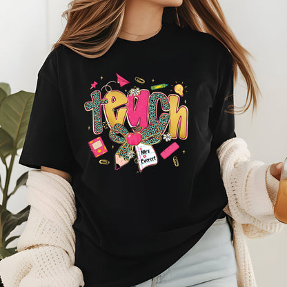 Preppy Leopard TEACH Coquette Bow Sweatshirt, First Day of School Teacher Shirts, Custom Back to School Sweater, Appreciation Gifts