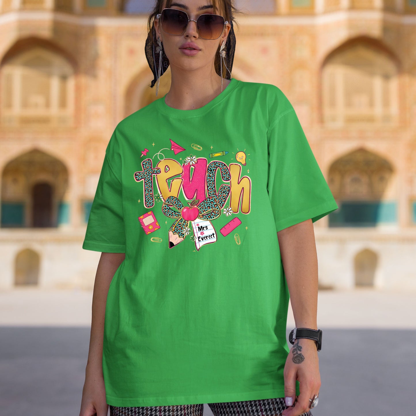 Preppy Leopard TEACH Coquette Bow Sweatshirt, First Day of School Teacher Shirts, Custom Back to School Sweater, Appreciation Gifts