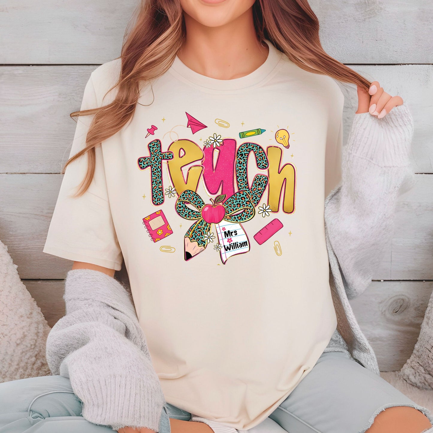 Preppy Leopard TEACH Coquette Bow Sweatshirt, First Day of School Teacher Shirts, Custom Back to School Sweater, Appreciation Gifts