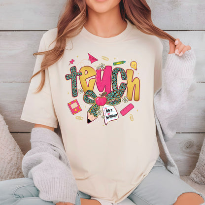 Preppy Leopard TEACH Coquette Bow Sweatshirt, First Day of School Teacher Shirts, Custom Back to School Sweater, Appreciation Gifts