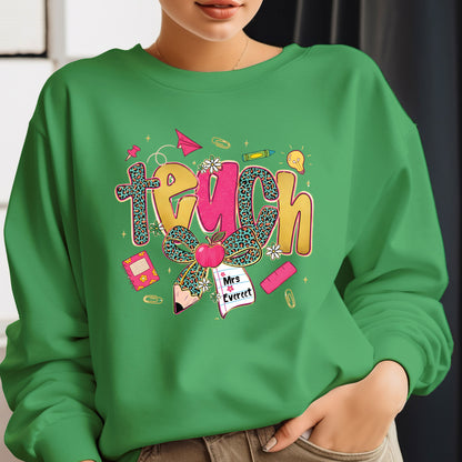 Preppy Leopard TEACH Coquette Bow Sweatshirt, First Day of School Teacher Shirts, Custom Back to School Sweater, Appreciation Gifts