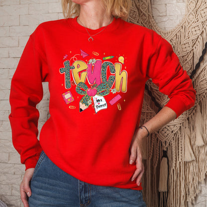 Preppy Leopard TEACH Coquette Bow Sweatshirt, First Day of School Teacher Shirts, Custom Back to School Sweater, Appreciation Gifts