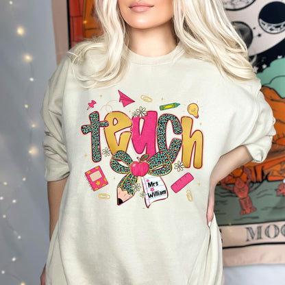 Preppy Leopard TEACH Coquette Bow Sweatshirt, First Day of School Teacher Shirts, Custom Back to School Sweater, Appreciation Gifts