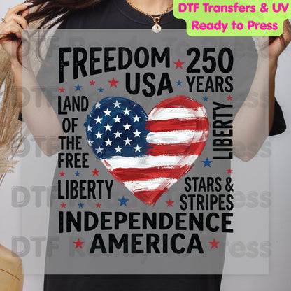 USA 250 Years DTF Transfer Ready to Press Freedom Heart Retro Patriotic American Flag Heat Transfer For Shirts Independence Day UV Sticker Prints