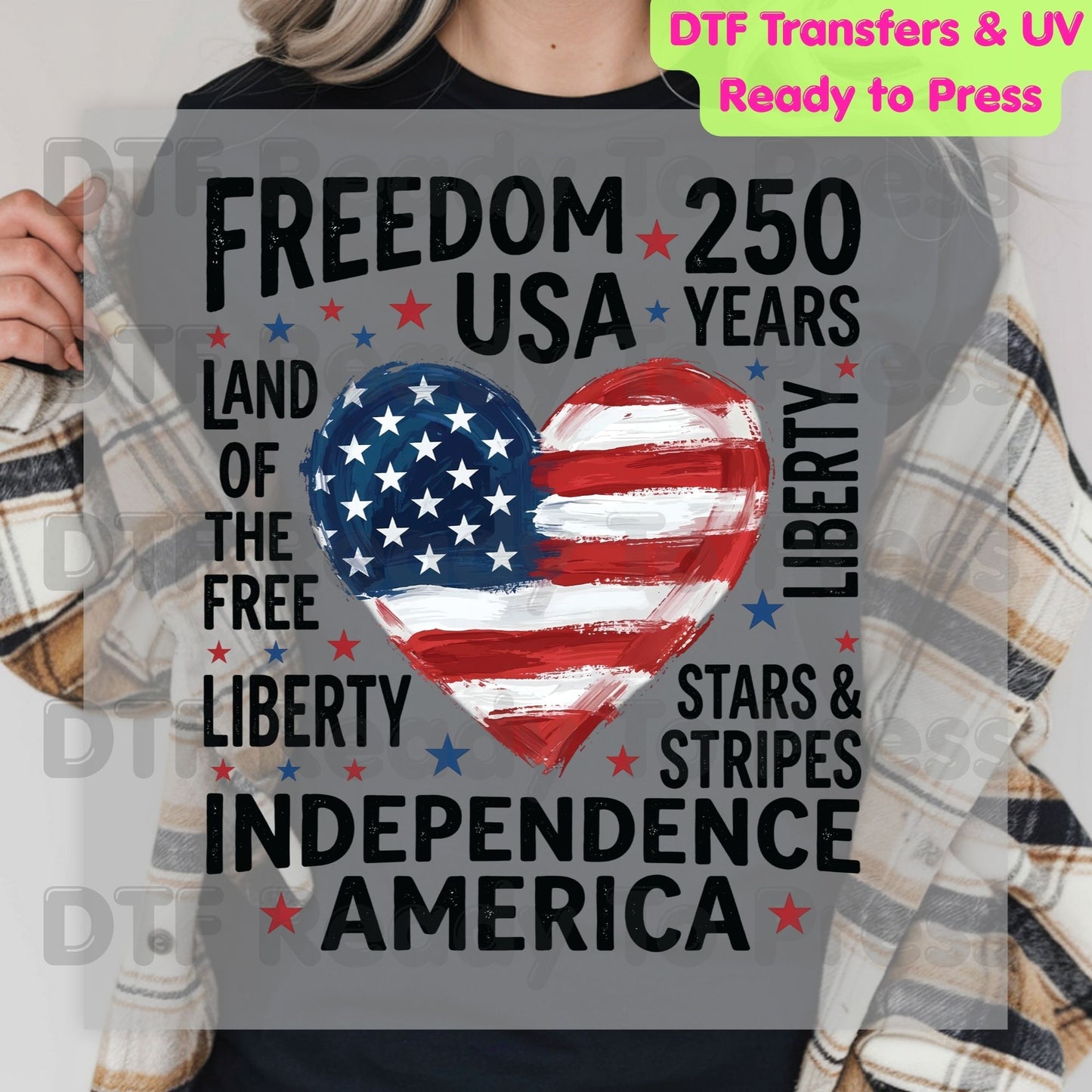 USA 250 Years DTF Transfer Ready to Press Freedom Heart Retro Patriotic American Flag Heat Transfer For Shirts Independence Day UV Sticker Prints