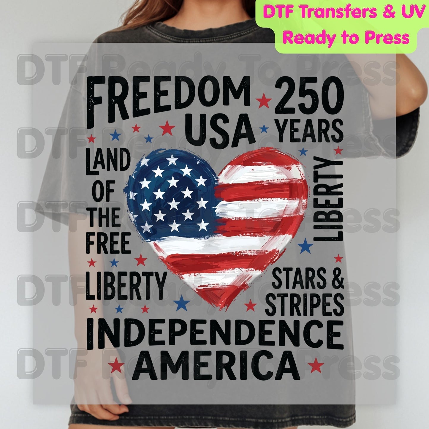 USA 250 Years DTF Transfer Ready to Press Freedom Heart Retro Patriotic American Flag Heat Transfer For Shirts Independence Day UV Sticker Prints